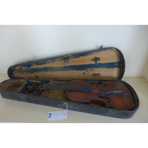 1264 - A violin with a 14 inch, 35.5cm one piece back and Antonius Stradivarius Cremoni label, in need of s... 