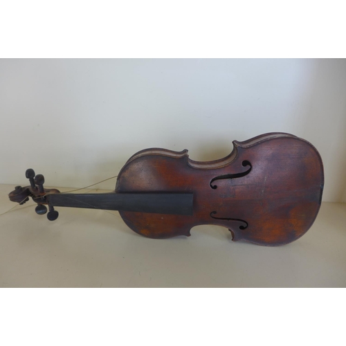 1264 - A violin with a 14 inch, 35.5cm one piece back and Antonius Stradivarius Cremoni label, in need of s... 