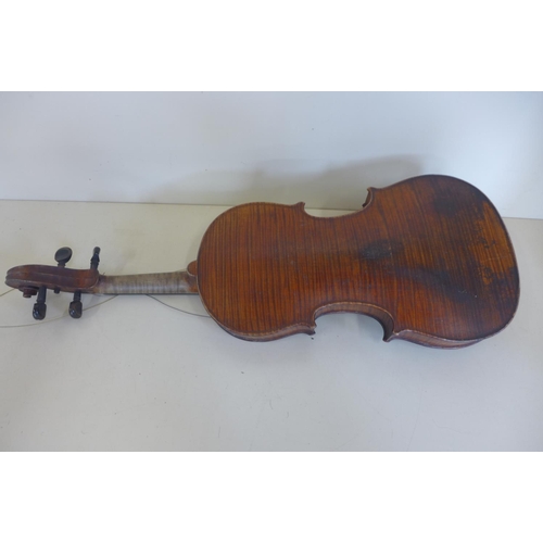 1264 - A violin with a 14 inch, 35.5cm one piece back and Antonius Stradivarius Cremoni label, in need of s... 