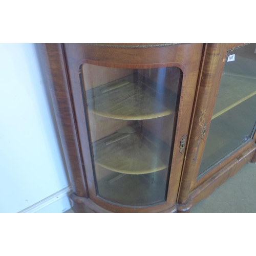 107 - A 19th century walnut marquetry inlaid three door side cabinet, with bowed glass side doors, 108cm t... 