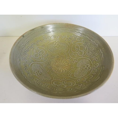 1228 - A Chinese olive-green Celadon bowl, 19cm diameter, glaze firing fault otherwise good