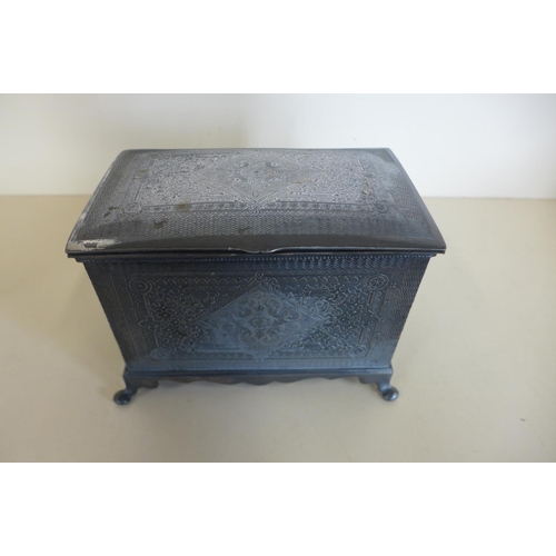 1233 - A late Victorian white metal tea caddy, with two section interior, wear to plate on exterior