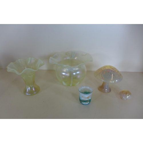 1260 - Two iridescent yellow glass vases 13cm, two iridescent art glass mushroom ornaments, 12cm and 4cm ta... 