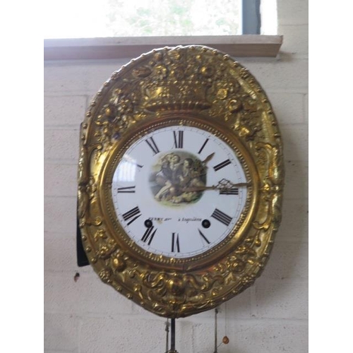 202 - A French Comtoise 8 cay striking wall clock, with an 8 inch dial, weights and pendulum