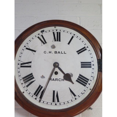 208 - A mahogany cased fusee wall clock, by G H Ball, March - mahogany case diameter 38cm, single fusee mo... 