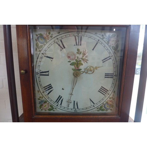 226 - A 30 hour oak and mahogany long case clock, with a 12 inch painted square dial, 80 inches tall, runn... 