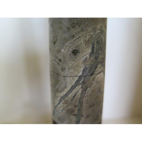 405 - A pair of Cornish serpentine marble candlesticks - 36cm tall, both have chipping, one broken and rep... 