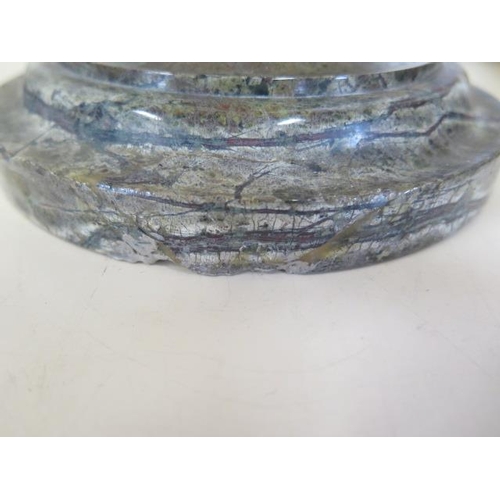 405 - A pair of Cornish serpentine marble candlesticks - 36cm tall, both have chipping, one broken and rep... 