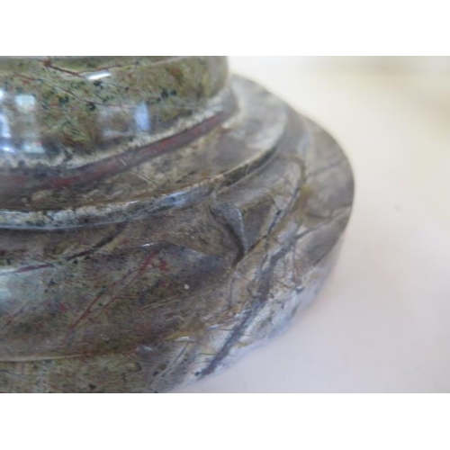 405 - A pair of Cornish serpentine marble candlesticks - 36cm tall, both have chipping, one broken and rep... 