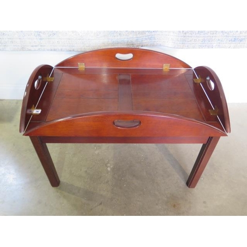 10 - A reproduction butlers tray on stand, converts to a coffee table, 47cm tall open x 110cm x 79cm