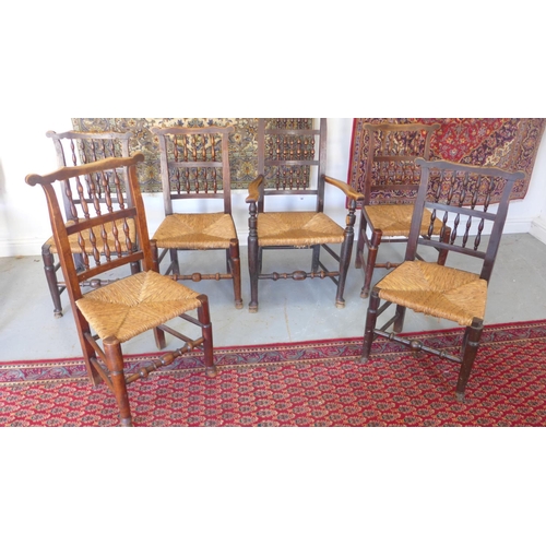 31 - 6 x 19th century dining chairs including one carver with rush seats