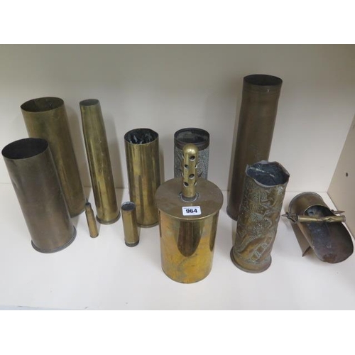 964 - 11 shell cases and Trench art, tallest 35cm