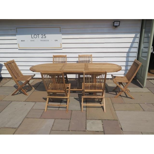 32 - A new boxed teak garden table & 6 folding chairs. Table size extends from 150cm to 200cm with  singl... 