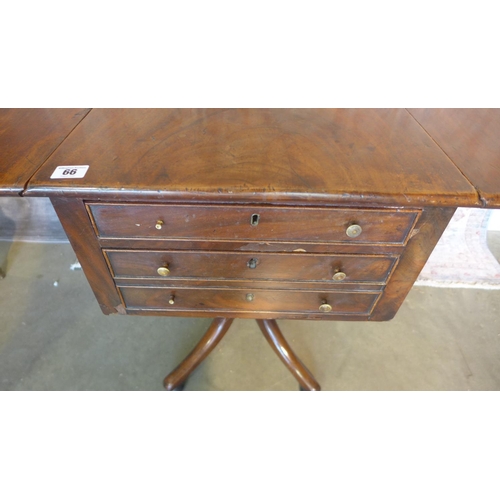 66 - A 19th century 2-drawer mahogany pembroke side/worktable. 71cm tall x 65 x 90cm extended. Some gener... 