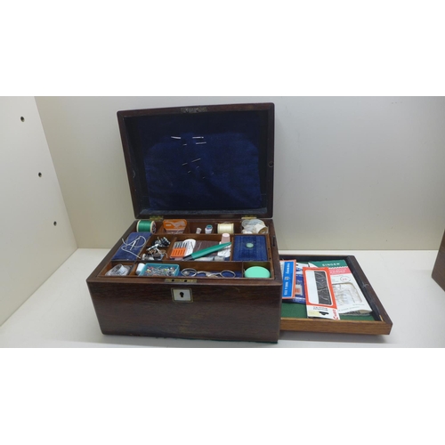 68 - A rosewood sewing box inlaid with mother of pearl, general good condition. 17 x 29 x 22cm