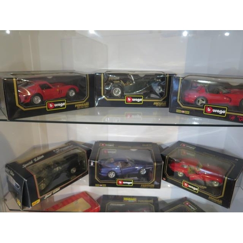 961 - A collection of 9 Burago 1/18 scale boxed sports cars and a boxed Tonk Polistil Ferrari 500 F2, all ... 