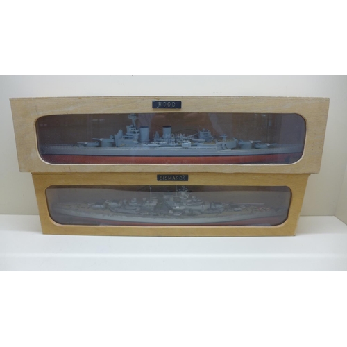 960 - 2-cased plastic models of the Bismark and HMS Hood, largest 67cm some loose pieces.