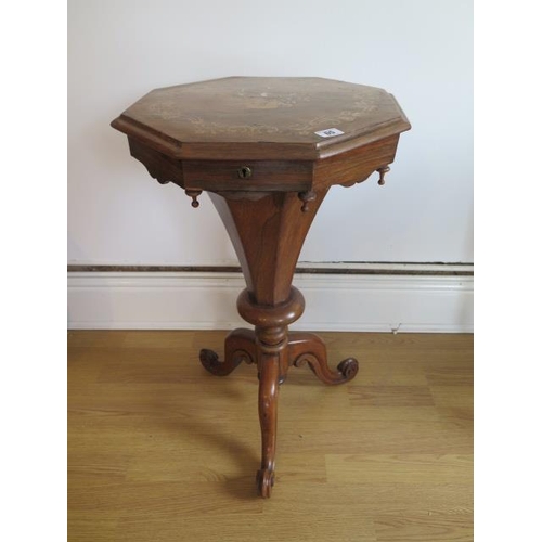 65 - A Victorian walnut trumpet work table with mother of pearl inlay with assorted sewing related conten... 