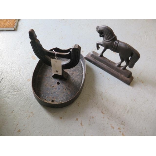 69 - A cast iron foot scraper with cast iron doorstop shaped as a horse
