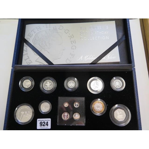 924 - The Queens 80th Birthday collection of silver proof coins by the Royal Mint, including a Maundy set,... 