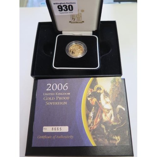 930 - A Elizabeth II gold proof sovereign, dated 2006 no 8665