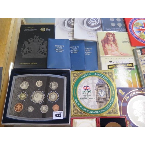 932 - A collection of assorted proof coin sets and other British coins and a Victorian commemorative medal... 