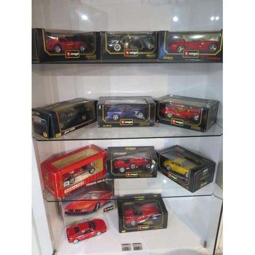 961 - A collection of 9 Burago 1/18 scale boxed sports cars and a boxed Tonk Polistil Ferrari 500 F2, all ... 