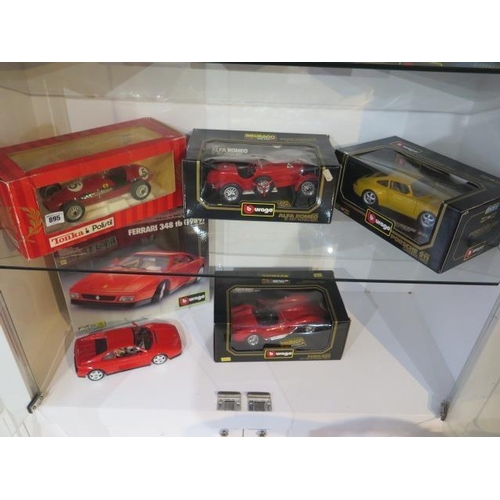 961 - A collection of 9 Burago 1/18 scale boxed sports cars and a boxed Tonk Polistil Ferrari 500 F2, all ... 