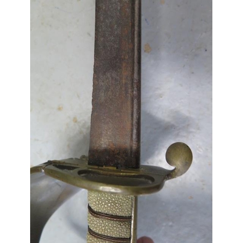 1051 - A Victorian 1827 pattern Naval officers sword with shagreen grip, 93cm long, no scabbard, pitting an... 