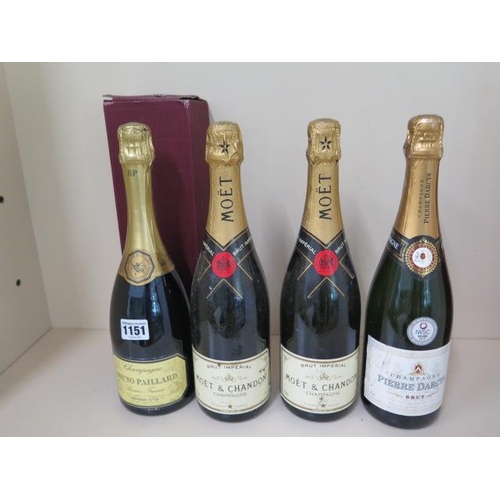 1151 - Two bottles of Moet and Chandon Brut Imperial Champagne, a bottle of Pierre Darcys Brut champagne an... 