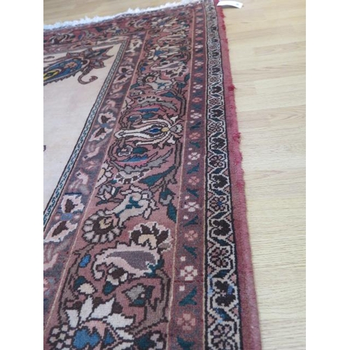 252 - A large red ground rug with wide foliate border, 3.1m x 2.15m, signs of wear to edges and general ag... 