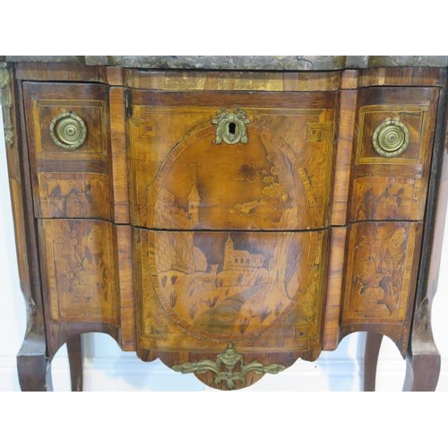 49 - A French 19th century two drawer chest with marble top over a shaped marquetry inlaid base comprised... 