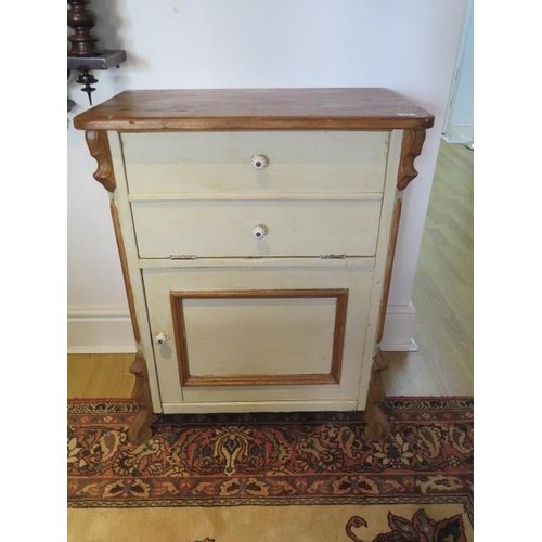 56 - A painted pine cupboard with hinged top, fall front and cupboard beneath, 80cm tall x 64cm wide x 38... 
