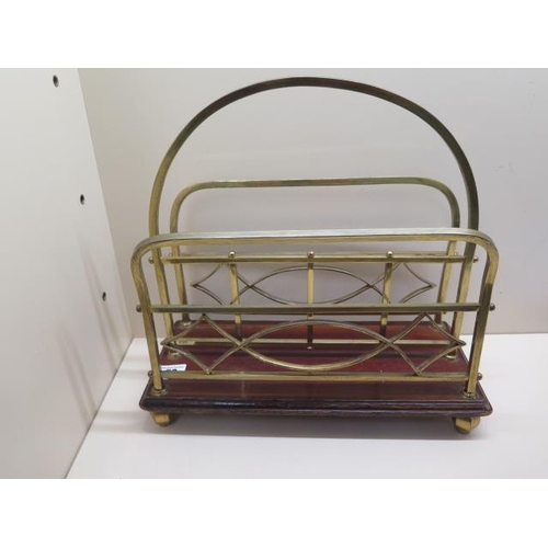58 - A nice brass and mahogany paper rack, 35cm tall x 36cm x 16cm, in sound condition -TAKEN