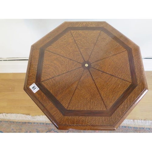 61 - An oak tripod table with inlay to top, 72cm tall x 46cm wide, in lacquered restored condition