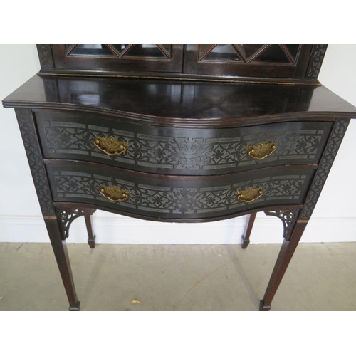 72 - An Edwardian mahogany bookcase top 2 drawer side table with blind fretwork decoration, 178cm tall x ... 