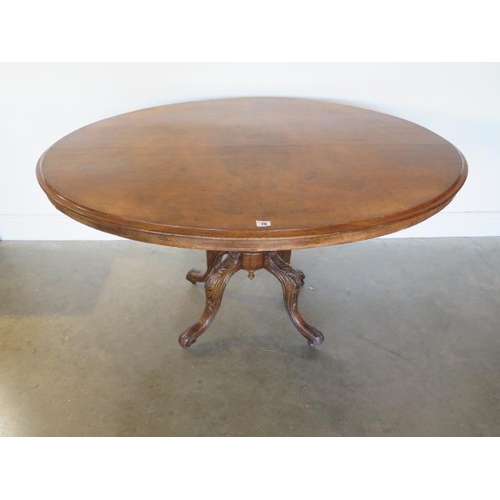 79 - A Victorian walnut tilt top breakfast table on a carved quatrefoil base, 75cm tall x 133cm x 102cm, ... 