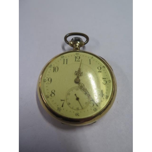 938 - A continental yellow gold pocket watch, tests to approx 18ct, 4.5cm wide, approx 68 grams, running i... 