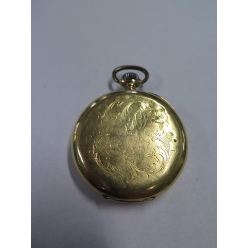 938 - A continental yellow gold pocket watch, tests to approx 18ct, 4.5cm wide, approx 68 grams, running i... 