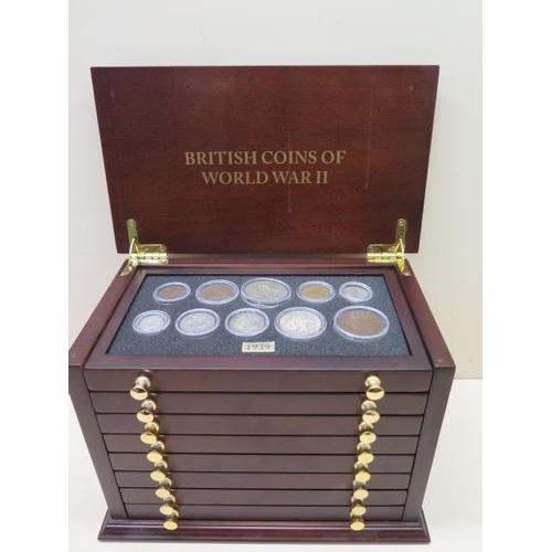 952 - British coins and WWII, 1939-1945, contained in a wooden collectors cabinet, 25.5cm wide, 3 missing ... 