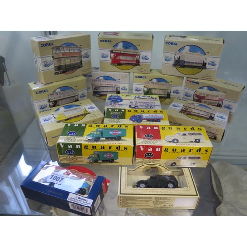 1007 - A collection of 10 boxed Corgi trams and a bus, 3 vanguards trucks and 2 others all vehicles in unpl... 