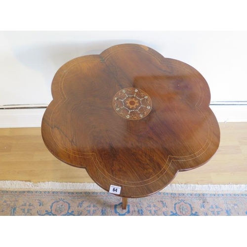 113 - An Edwardian fine rosewood tripod table with inlaid shaped top on three turned and reeded column and... 