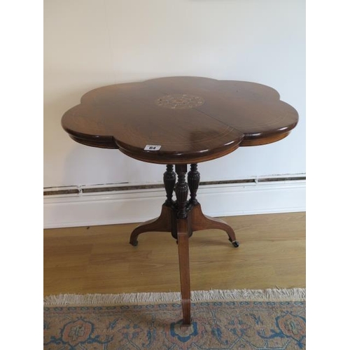 113 - An Edwardian fine rosewood tripod table with inlaid shaped top on three turned and reeded column and... 