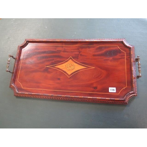 119 - An Edwardian mahogany inlaid twin handle tray, 68cm x 35cm, in generally good condition with some cr... 