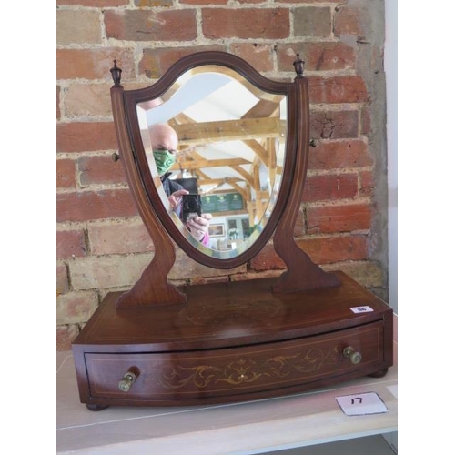 86 - An Edwardian inlaid mahogany shield shaped dressing mirror with a drawer, 60cm tall x 51cm x 28cm