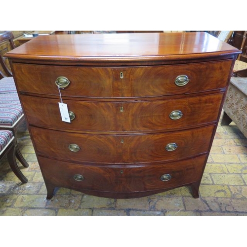97 - A Georgian mahogany bow front four drawer chest, 98cm tall x 105cm x 55cm, in restored and polished ... 