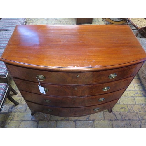 97 - A Georgian mahogany bow front four drawer chest, 98cm tall x 105cm x 55cm, in restored and polished ... 
