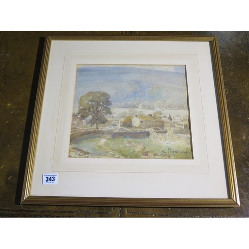 331 - Gertrude Priestman watercolour, A Yorkshire Dales village, signed, in a gilt frame 43cm x 45cm