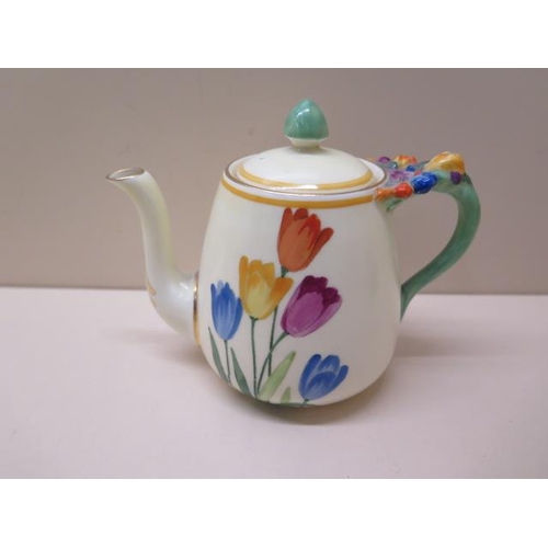 493 - A Crown Staffordshire tete a tete teaset with preserve pot and toast rack, all good apart from the w... 