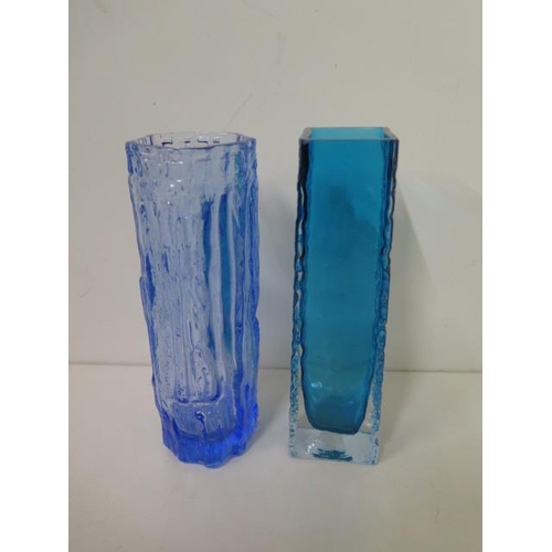 487 - A blue and clear Whitefriars glass vase, 17cm tall, and a bark effect glass vase, both in good condi... 